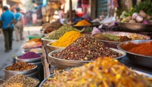 openair market with traders selling spices herbs aromatic colorful